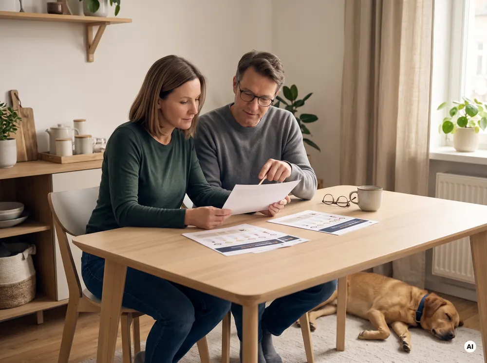 KI-generiertes Bild: Paar am Esstisch liest gemeinsam eine ausgedruckte Szenarienkarte, der Hund schläft daneben