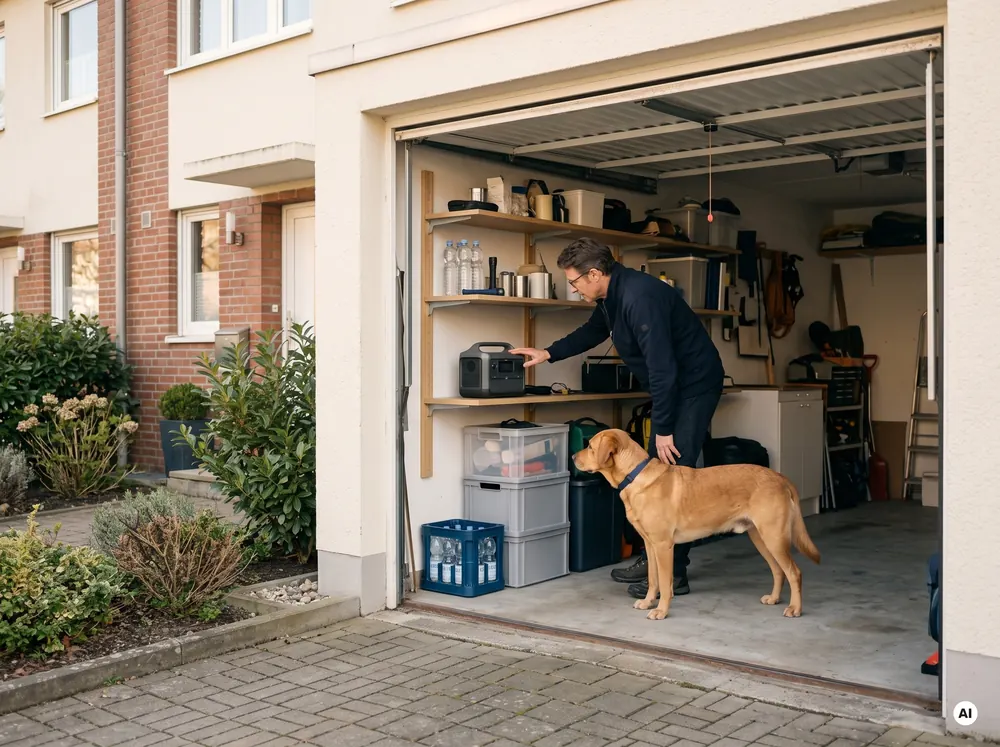 KI-generiertes Bild: Mann prüft in der Garage eines Reihenhauses eine Powerstation, der Hund steht daneben